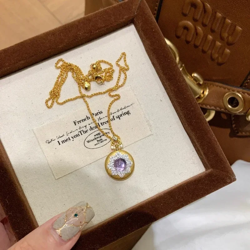 Vintage gentle style brushed amethyst necklace exquisite Purple double-sided natural ice chalcedony pendant wedding jewelry
