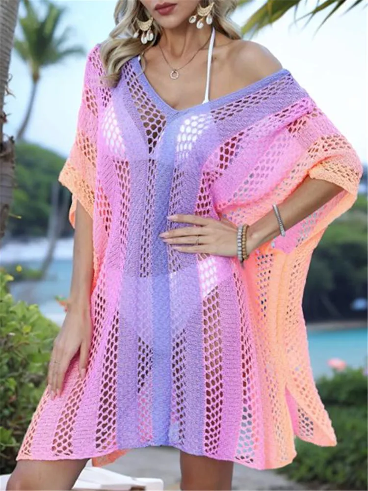 Fashion Hole Beach Cover Ups for Bikini Women Summer Outfit Sundress Sexy Hollow Out Pink Swim Wear Fishnet Split Tunic Pool New