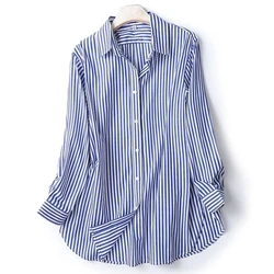 Maxdutti 2023 England Style Office Lady High Street Fashion Blouse Striped  Loose Shirt Pure Cotton Casual Blouse Women