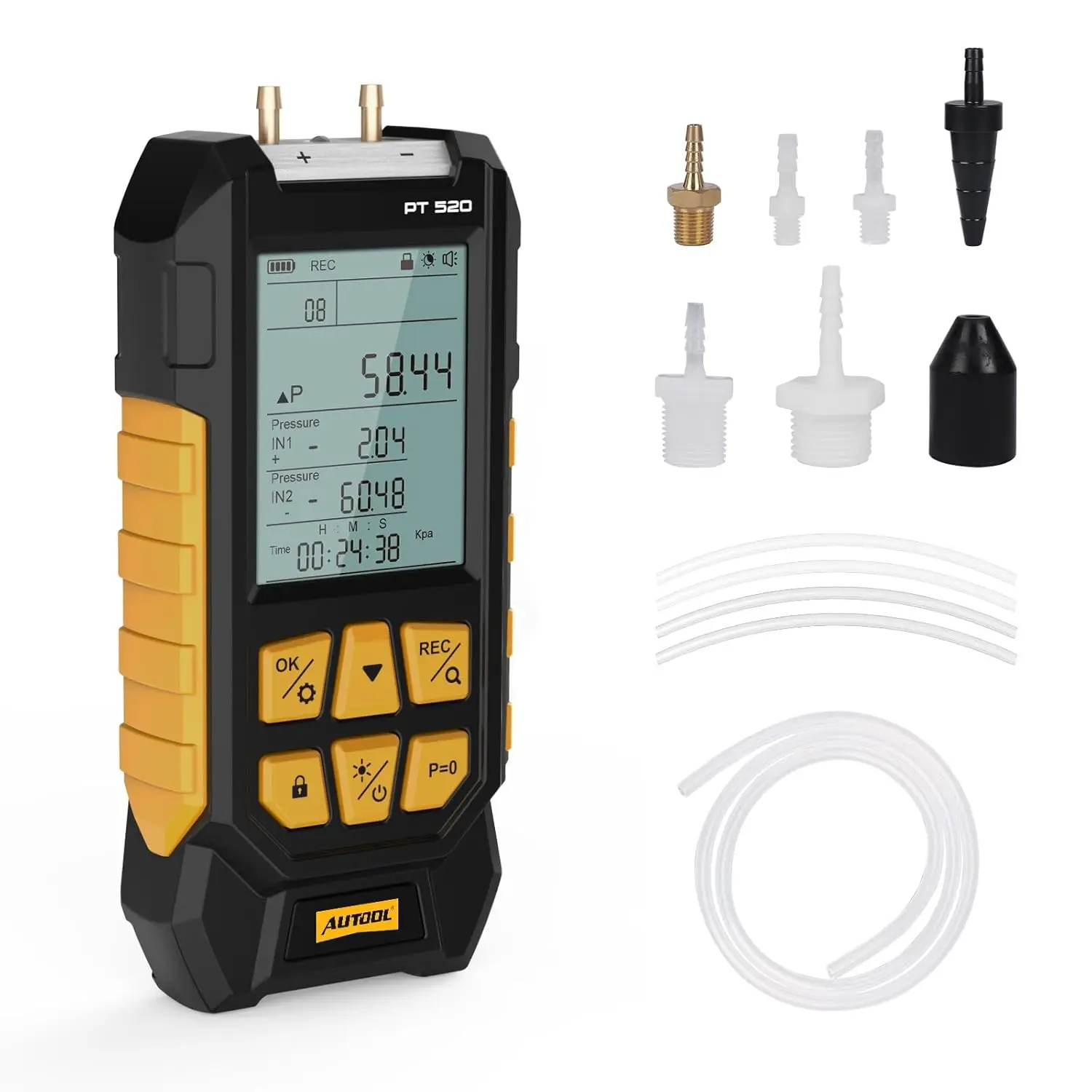 

Digital HVAC Manometer, Dual Port Pressure Gauge -100 to 200Kpa with Backlight LCD Display, Data Zeroing