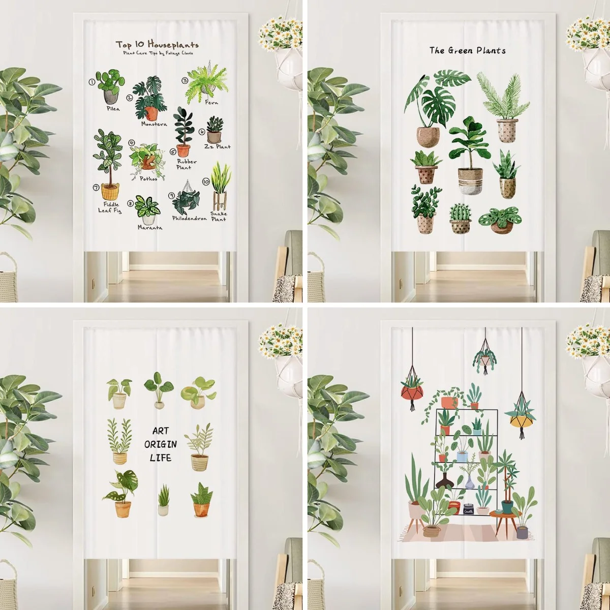 VIKAMA Green Plant Potted Noren Door Curtain, Botanical Print Partition Hanging Curtain Kitchen Bedroom Home Decor