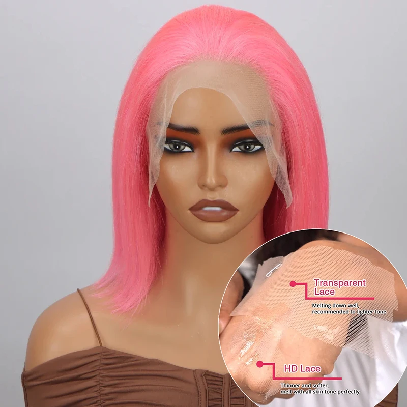 HD Pink Bob Wig 200% Denity 13X4 Transparent Human Hair Lace Frontal Wig Pre Plucked Brazilian Short Bob Human Hair Wigs Cosplay