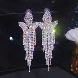 New Fashion Geometric Long Tassel Earrings for Women Flower Full Rhinestones Dangle Earrings Party Wedding Jewelry Accessories