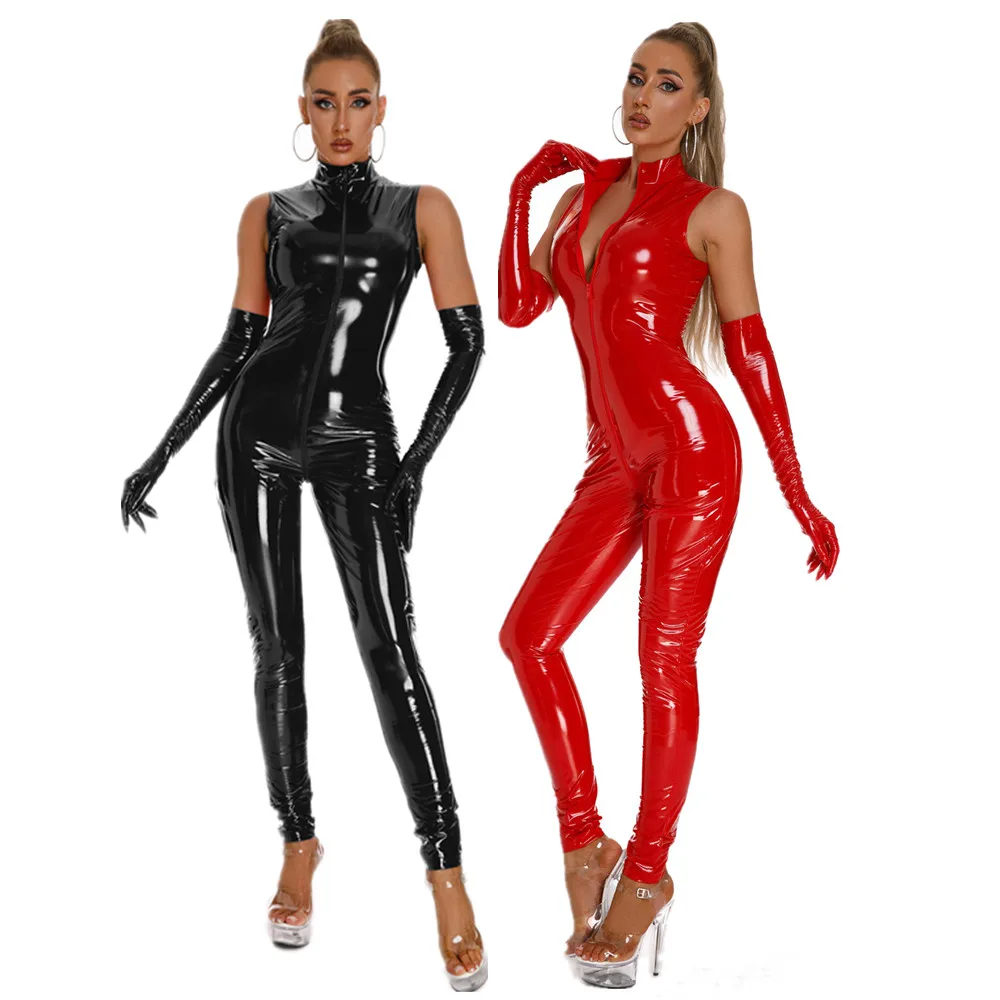 S-5XL Women Shiny PU Jumpsuit Exotic Sleeveless Zip Open Crotch Faux Leather Bodysuit Clubwear Sexy Catsuit