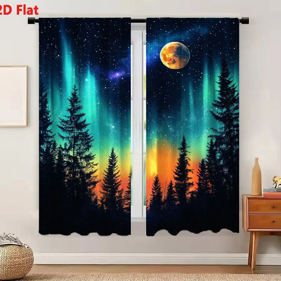 Vibrant Aurora Borealis Night Sky Curtain with Full Moon Forest Silhouette Window Drapes for Bedroom Living Room Decor