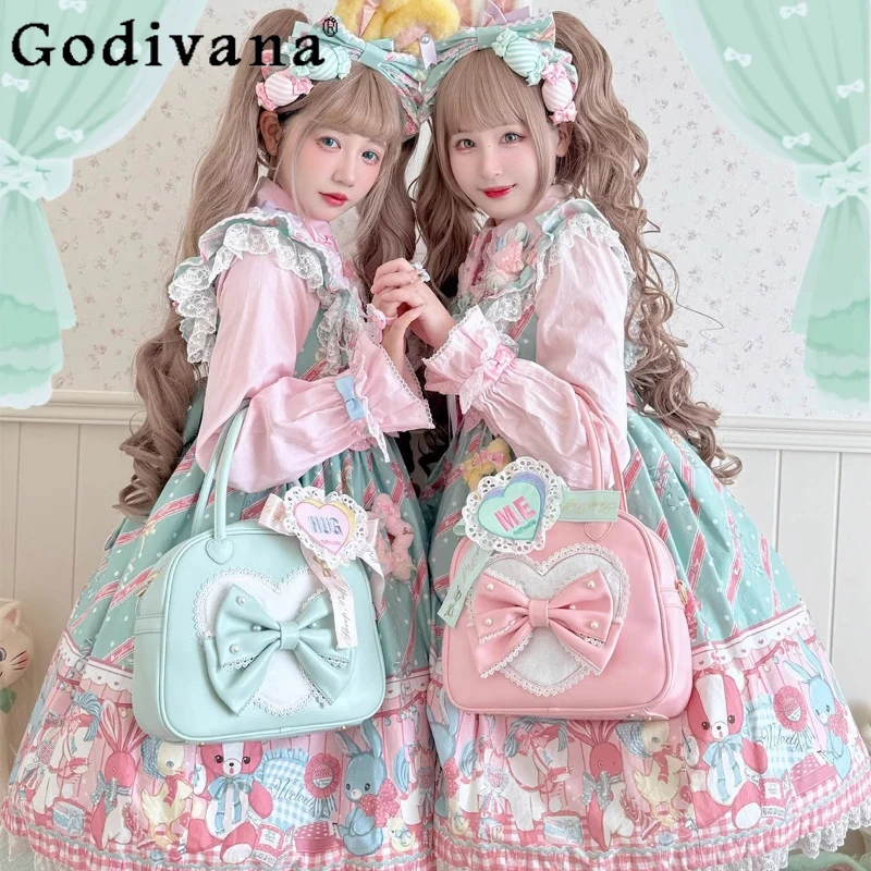 Original Japanese Girls Sweet Lolita Big Bow Handbag Princess Tea Party Lo Makeup Bag Women's Fashion Versatile Casual Bags