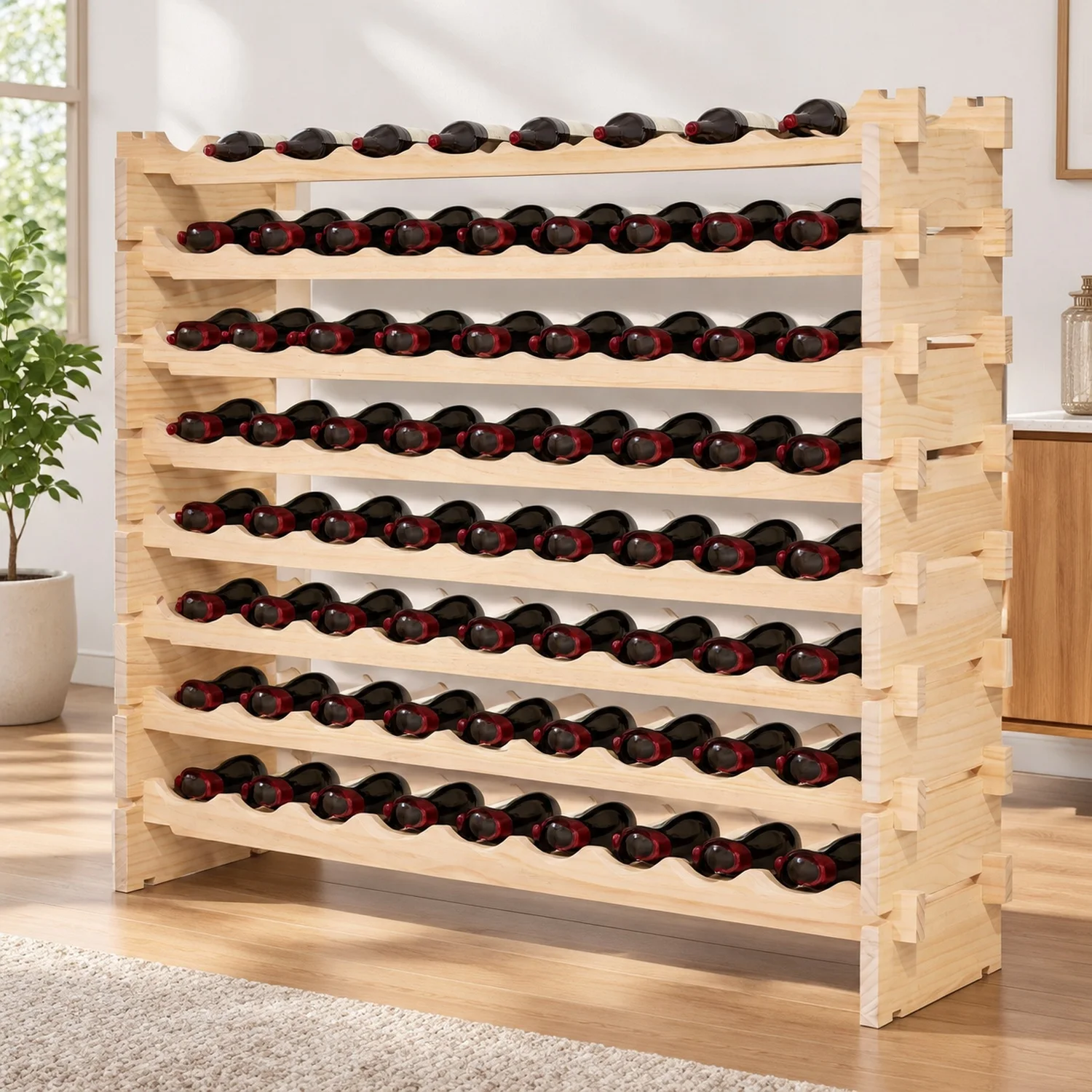 96 Bottle Stackable Modular Wine Rack, 8-Tier Holder,Solid Wood Floor Freestanding Storage For Pinot Noir, Kitchen, Cellar, and