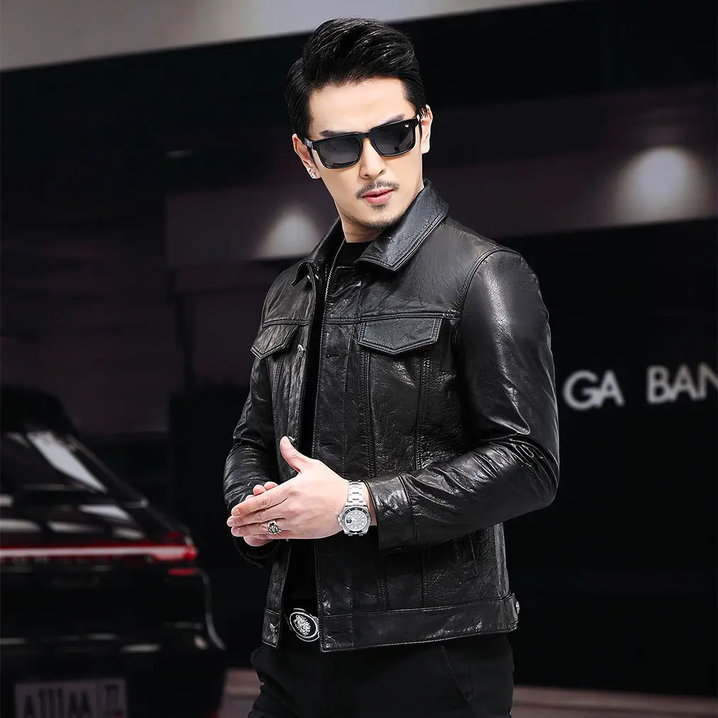 2022 Men's Spring Autumn New Lapel Genuine Leather Jackets Male Slim Fit Real Cowhide Coats Men Short Casual Overcoats N89