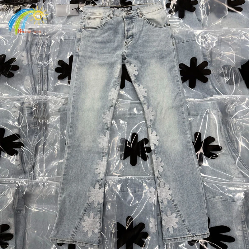 

Vintage Light Blue Oversized High Quality Jeans Men Women Unisex Casual White Sunflower Embroidery LOSTSHDWS Denim Trousers