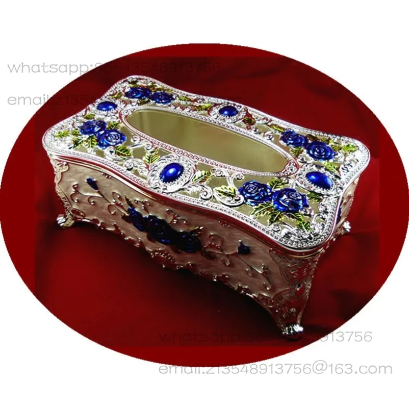 Special Offer Russian Tin Alloy Face Towel Paper Box, High Large Hollowed-out Silver-white Blue Rose European Style