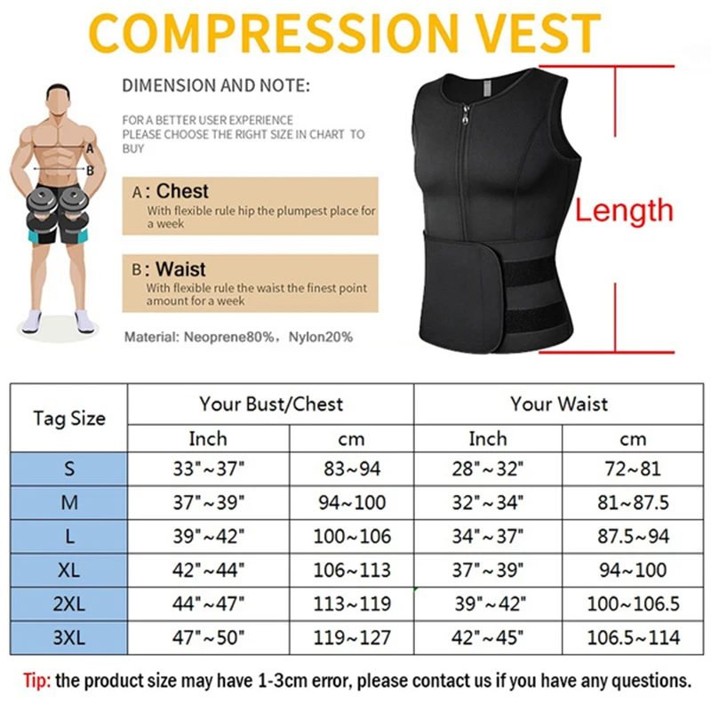 Men Neoprene Sauna Sweat Vest Waist Trainer Corset Body Shaper Zipper Slimming Tank Top Fat Burner Workout Weight Loss Shapewear