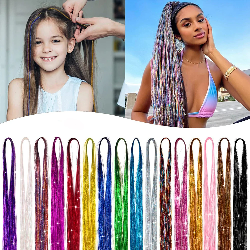 47inch Shiny Synthetic Hair Tinsel Kit Rainbow Women Colorful Glitter Bling Hair Extension Twinkle Hair Dazzles Accessories for