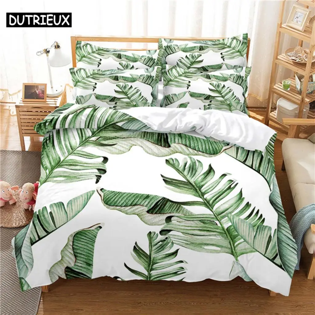 

3D Digital Printing Fashion Design Fresh Leaves Bedding Set, Queen Size Duvet Cover Set