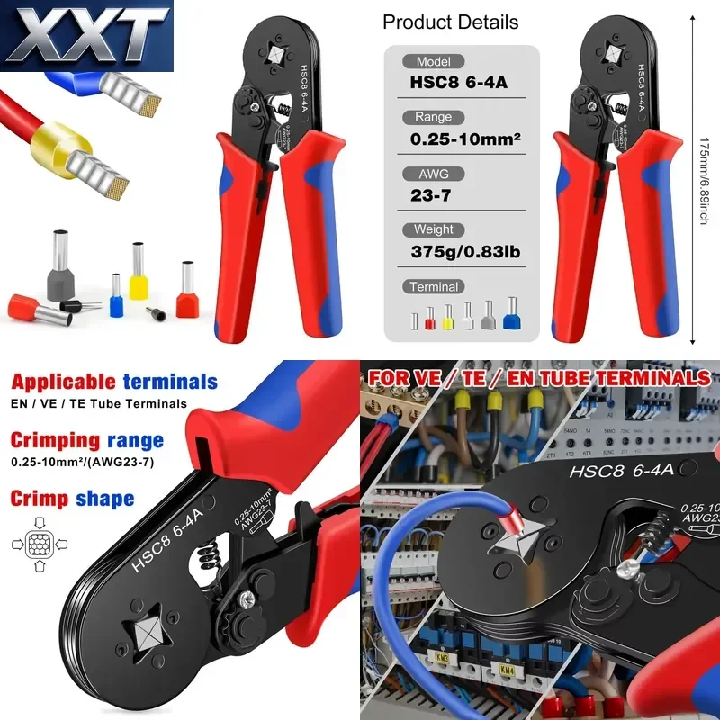 XXT for HSC8 6-4A Carbon Steel Crimping Tool 0.25-10mm Ferrule Tubular Terminals 23-7AWG Electrician Wire Pliers