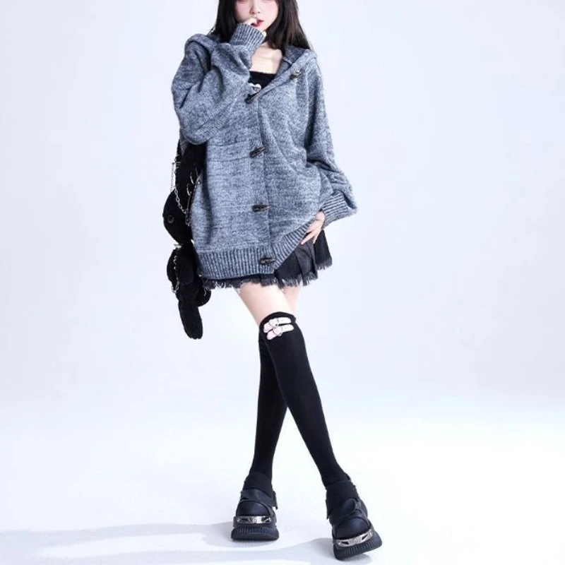 

Grey Rabbit Ear Hooded Sweater Jacket for Women's Autumn and Winter Lazy Style Loose Casual Knitted Cardigan Jacket