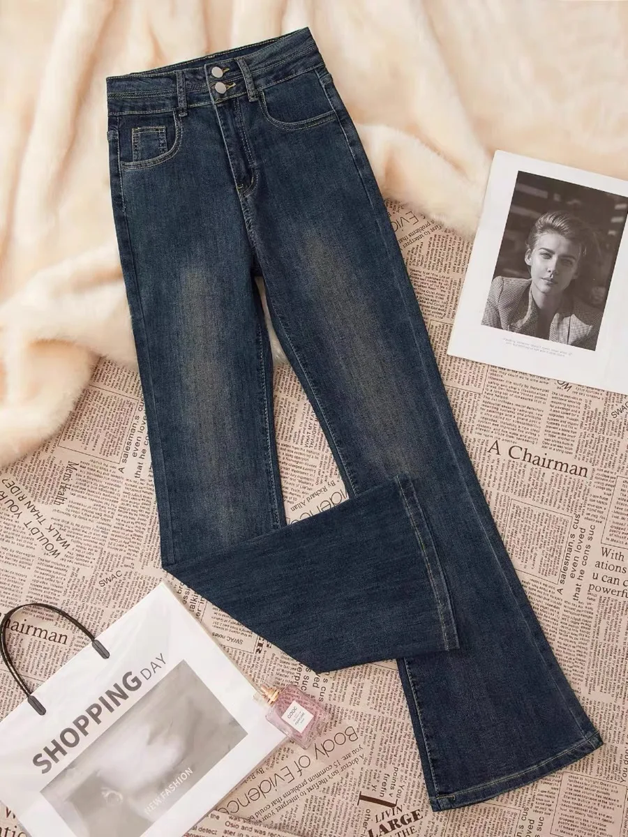 

Синие расклешенные джинсы в стиле ретро, женские весенне-летние новые брюки с высокой талией и пуговицами, облегающие брюки, повседневные брюки с высокой талией