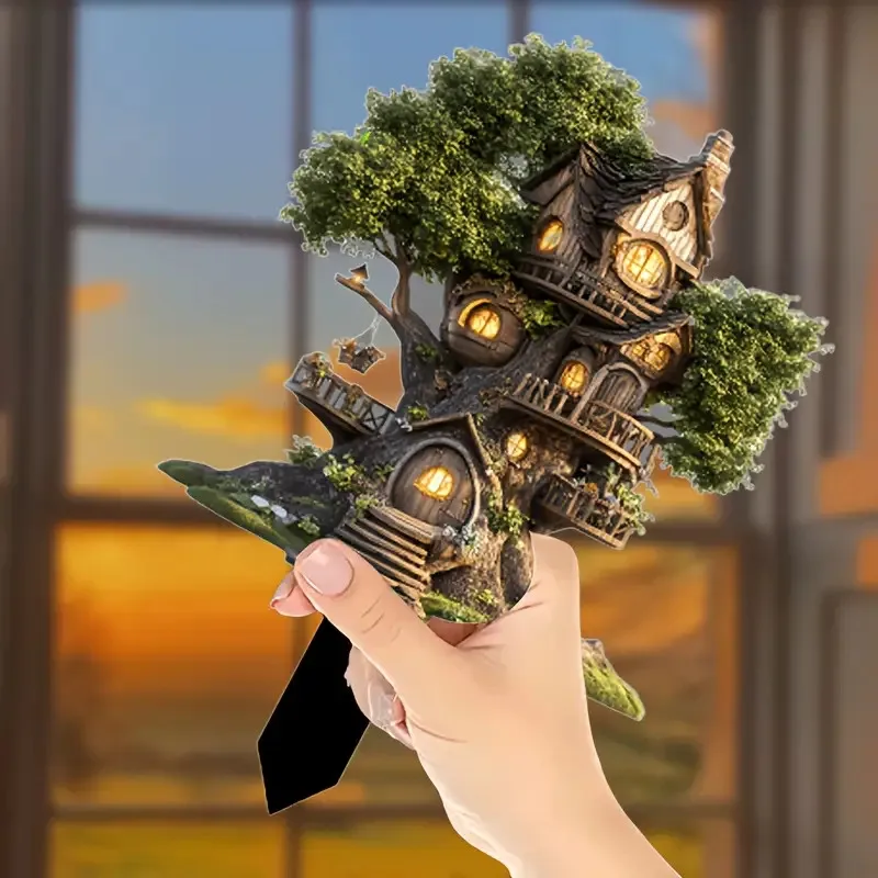 2D Flat Acrylic Fairy Tale Treehouse - Warm Glow, 3D Style Outdoor Decoration, Suitable for Garden, Lawn, Patio | Perfect Gift