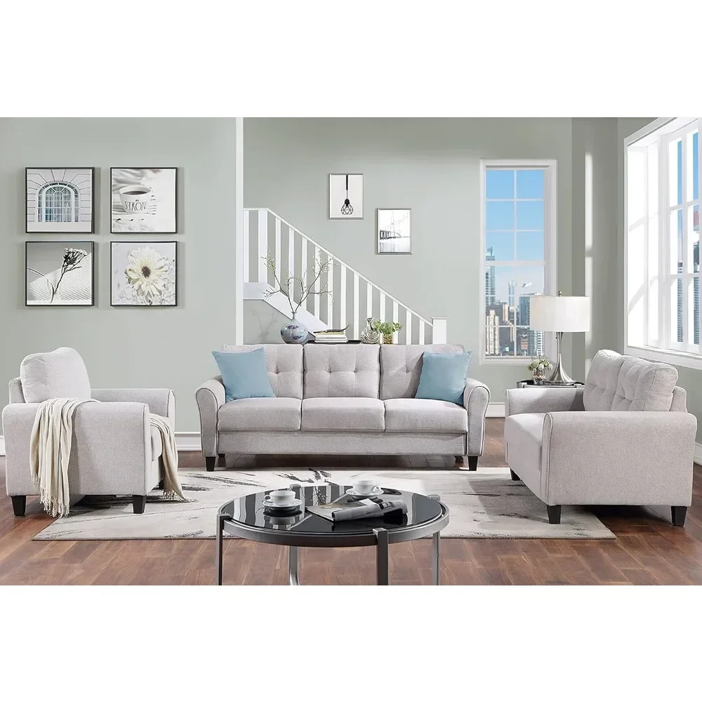 3-teiliges Wohnzimmer-Sofagarnitur, moderner, gepolsterter Sessel mit Knöpfen und getuftetem Leinen, Loveseat-Sofa und Sofagarnitur