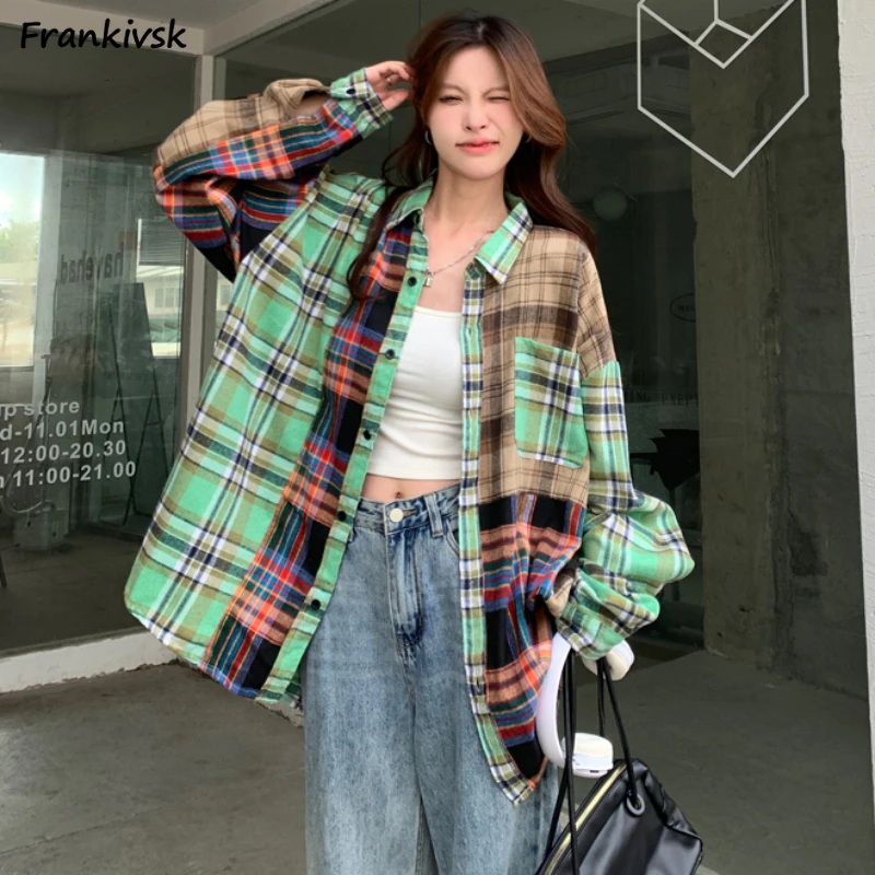 Shirts Women Patchwork Contrast Color All-match High Street Harajuku Casual Long Sleeve Aesthetic Popular Clothing Summer Daily