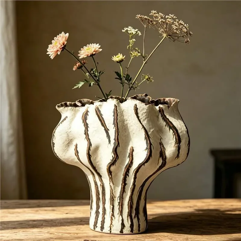 Hand Painted Ceramic Vase Striped Pattern Retro Home Decor Large Flower Arrangement Ornament For Living Room TV Cabinet