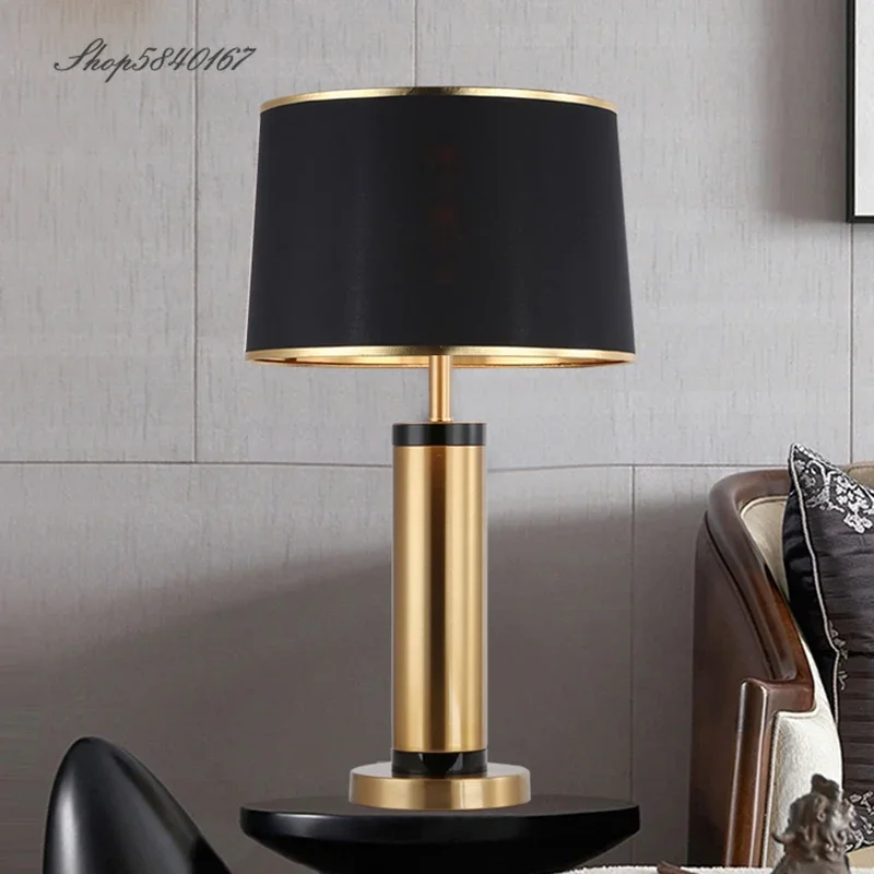 Modern Copper Table Lamp Minimalist Beside Lamp for Bedroom Living Room Foyer Decor Study Desk Light Fabric Lampshade E27 Lights