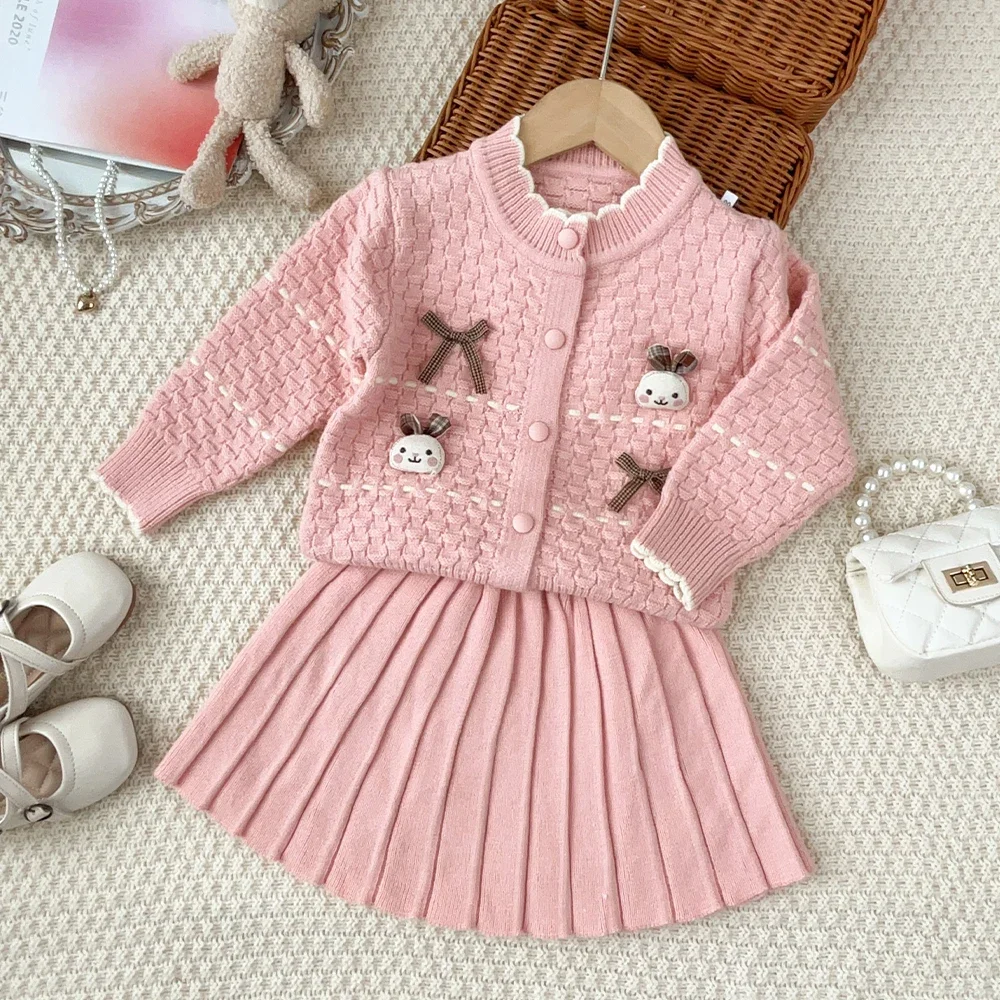 2-6 Jahre Altes Rosa Mädchen-Outfit für Herbst und Winter: Gestrickter Pullover + Plissierter Rock mit Cartoon-Häschen-Schleifendekoration Kinder-Set – Detail 8