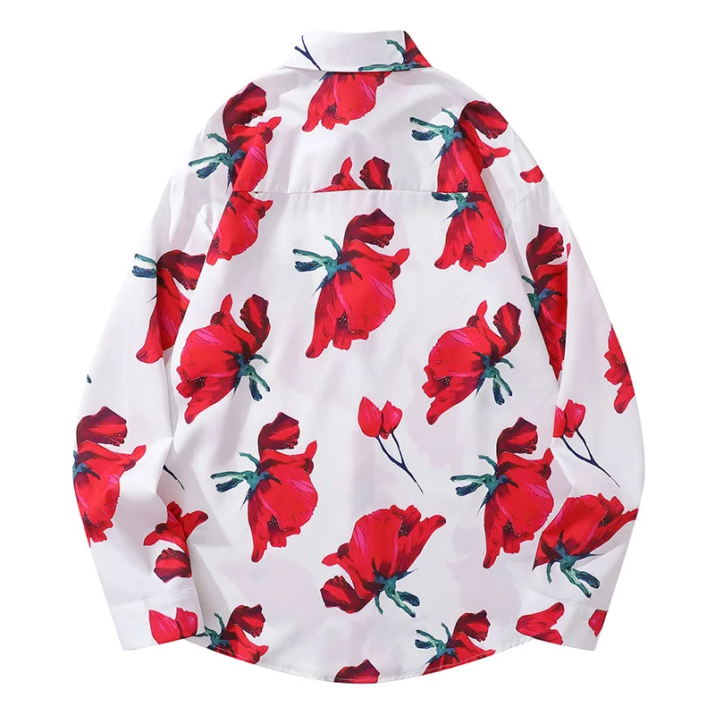 Men's Shirt Black White Red Rose Print Blouse Handsome Style Trendy Tops Hong Kong Style Retro Coat Valentine's Day Clothes