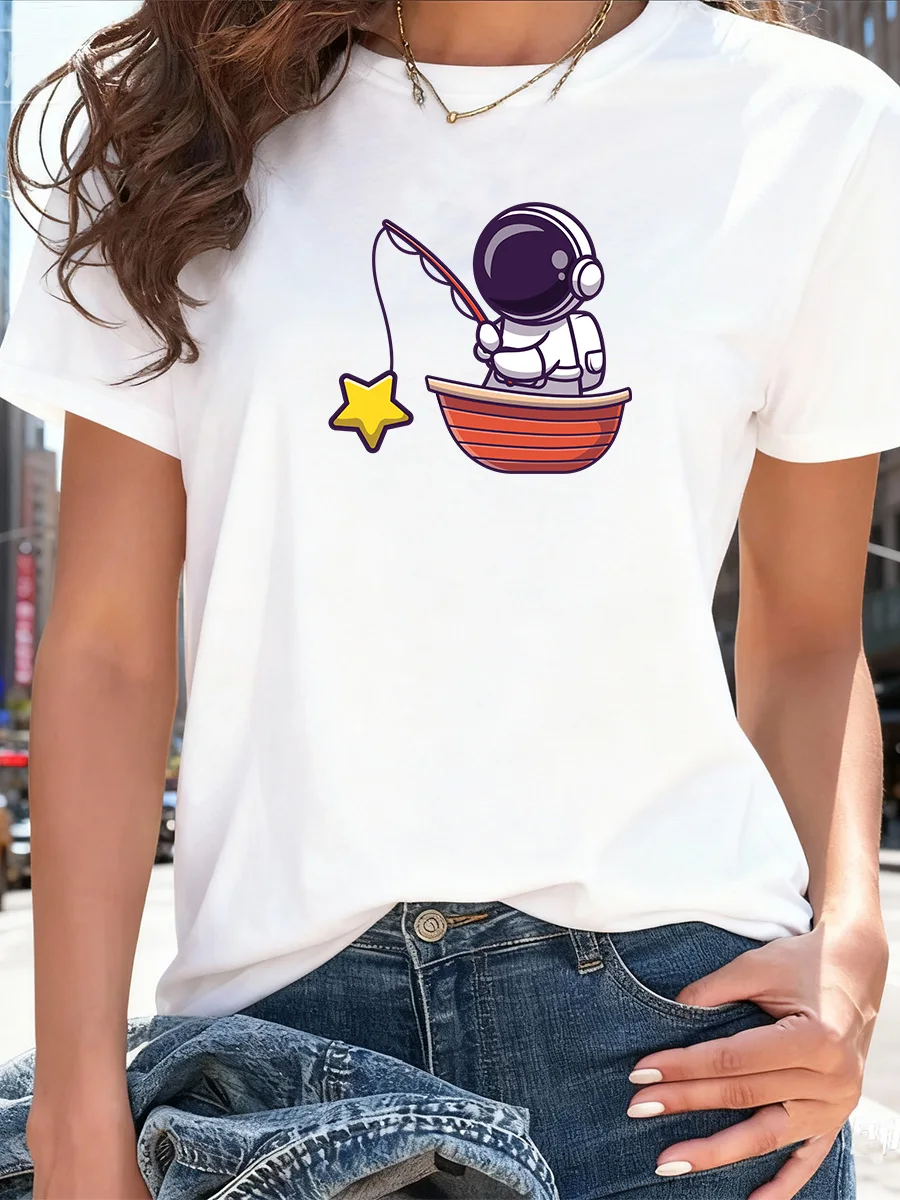 

White Short Sleeve T-Shirt with Japanese Samurai Sunset Bamboo Graphic Print for Women