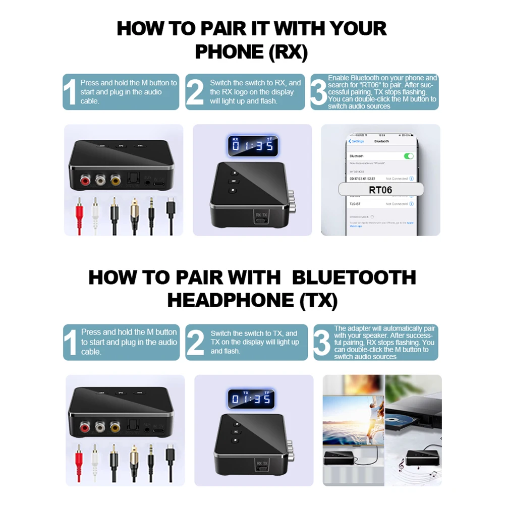 BT 5.4 Transmitter Receiver with RCA 3.5mm AUX & Display BT Audio Adapter BT Adapter for TV/Car/PC/Home Stereo/Speakers