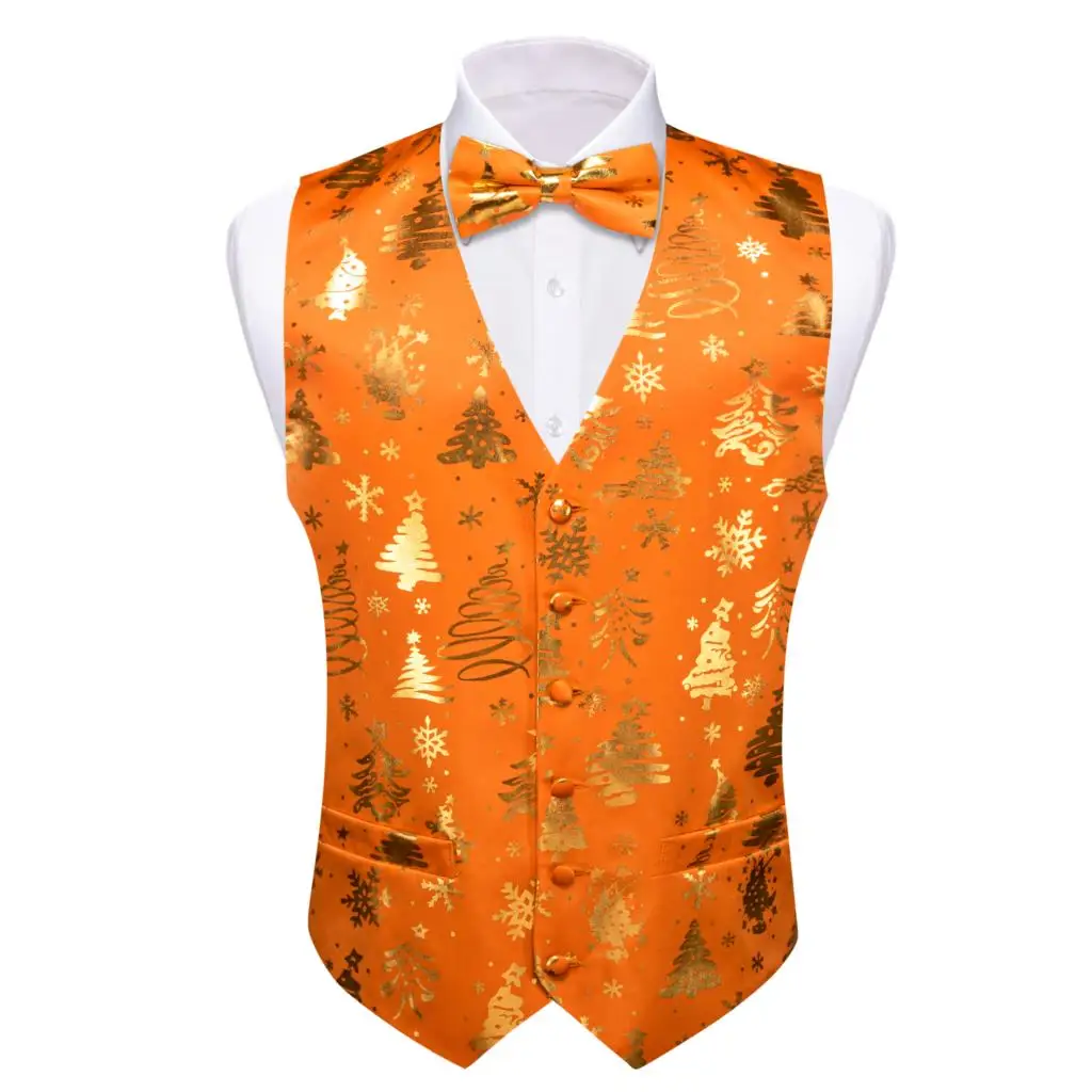 

Christmas Mens Vest Silk Orange Gold White Green Red Blue Snowflake Gift XmasTrees Waistcoat Bowtie Set Party Barry Wang