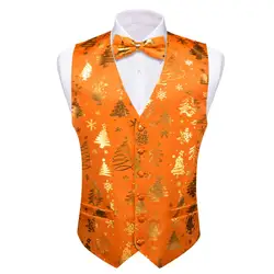 Christmas Mens Vest Silk Orange Gold White Green Red Blue Snowflake Gift XmasTrees Waistcoat Bowtie Set Party Barry Wang