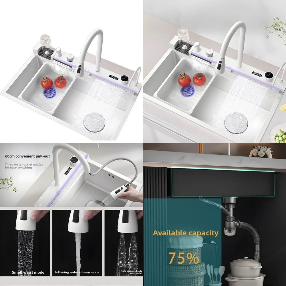 

light luxury kitchen sink 304 multi functional large single washbasin piano button honeycomb white