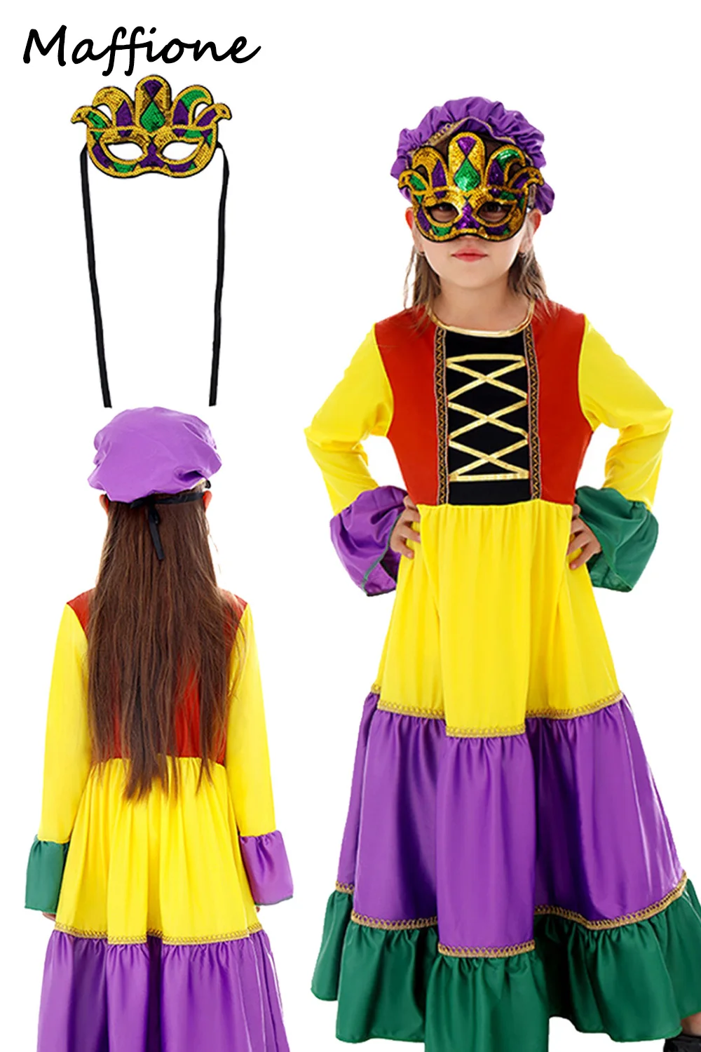 Kids Girls Rainbow Skirt Dress Cosplay Costume Skirt Mask Stage Performance Outfits Children Birthday Halloween Carnival Suits