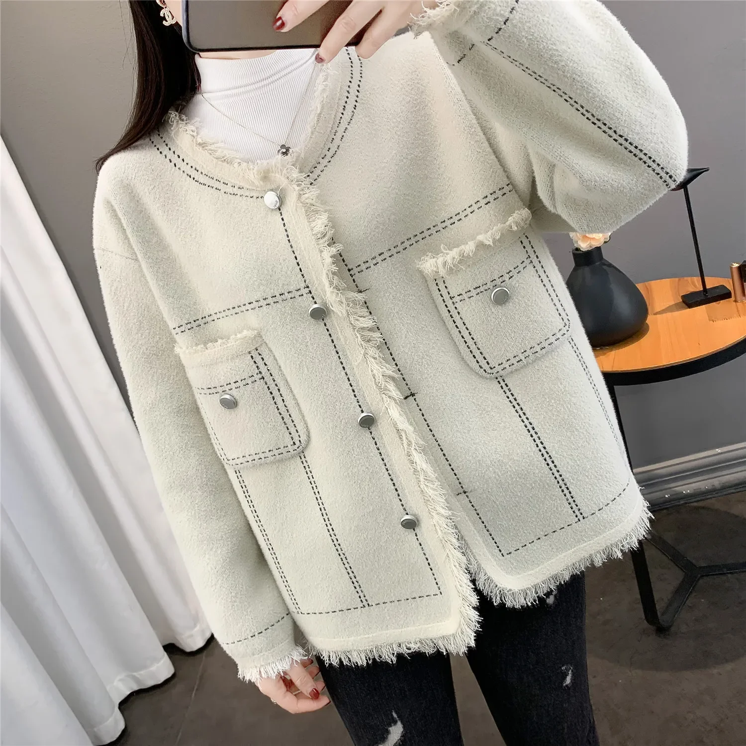 fringed coat for women's autumn and autumn 2024 autumn and winter new design sense niche French imitation double-sided coat for