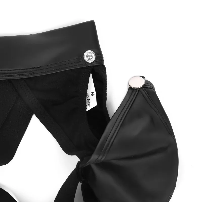 Button Detachable Penis Pouch G-String Men's Leather Jockstrap Thong Sexy Rivet Separate Pouch Underpant Gay Backless Lingerie