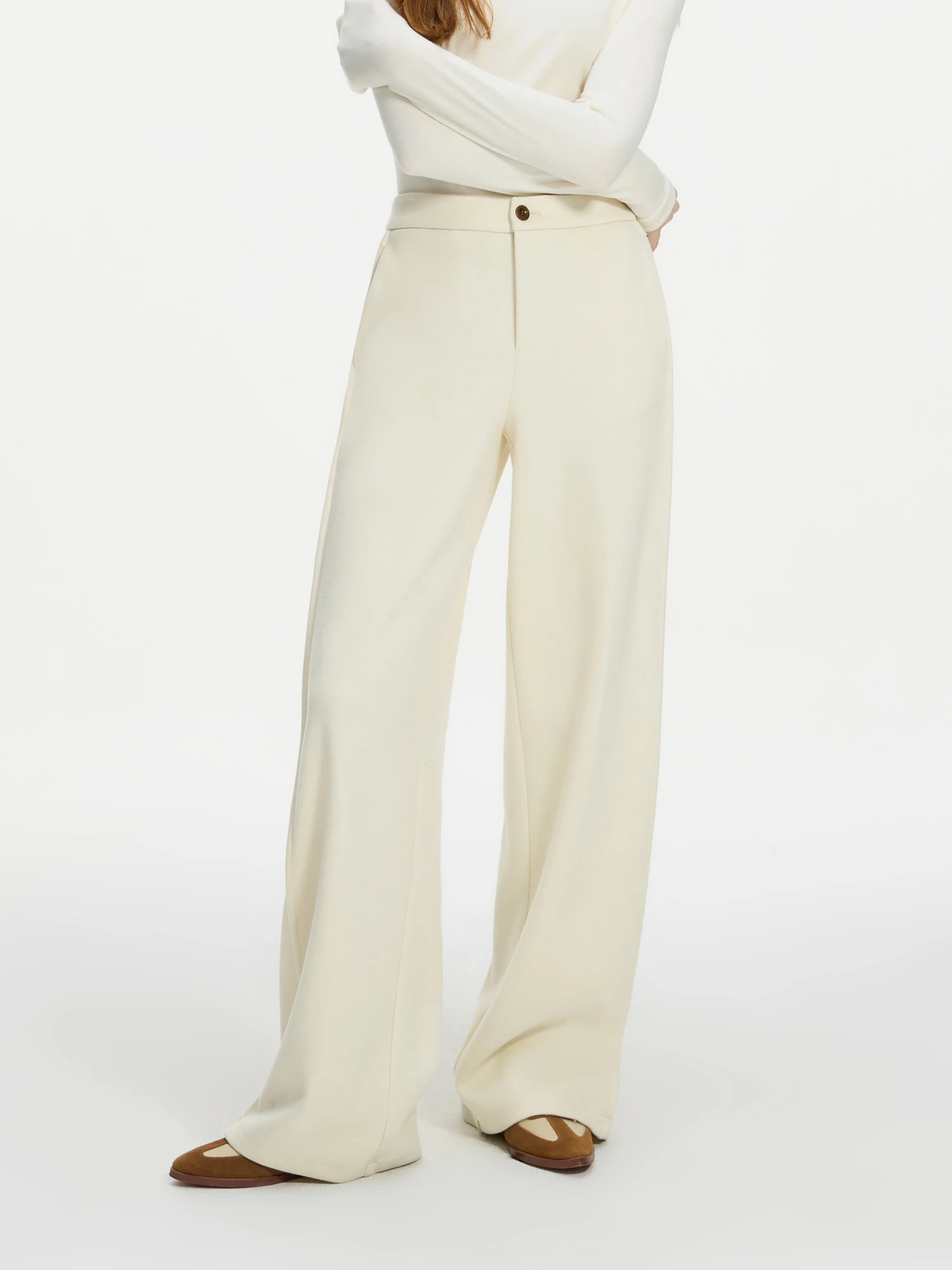 FSLE-Pantalon Droit et Épais pour Femme, Long Surintendant Optique, Tout-Assressenti, Beige Piedmont, 1.4% Laine, 3.1% Acétate, Hiver, 24FS14481