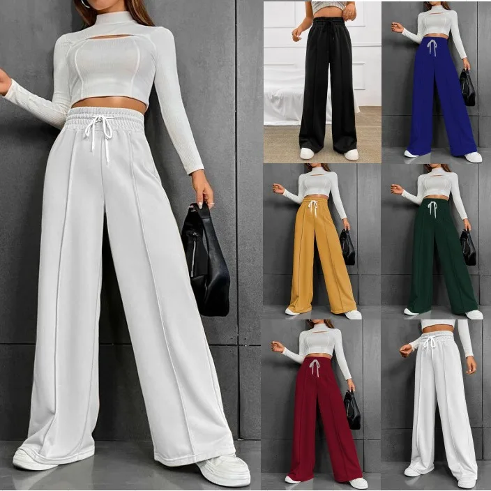 High Waist Wide Leg Pants Women Full Length Trousers Solid Capris Drawstring Pockets Loose Fit Sports Casual Slight Strech