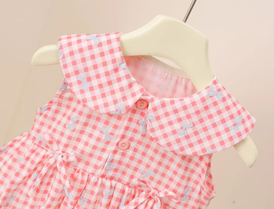 3M-3Y Sommer Süßer Stil Baby Bodysuit mit Schleife, Karomuster und Peter-Pan-Kragen, Einteiler für Mädchen, Baumwoll-Babystrampler mit Sonnenhut – Detail 4
