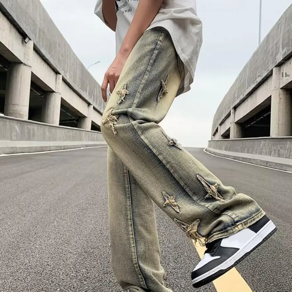 

Men Wide Leg Jeans Men Gradient Color Splicing Jeans Gradient Color Splicing Men's Denim Pants with Distressed Cross for Men