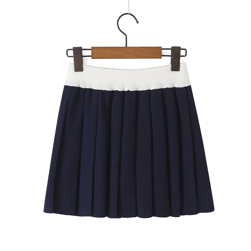 Ladies Color Block Elastic Waist Knitted Pleated Skirt High Waist A‑line Mini Skirt Preppy  Bottoms
