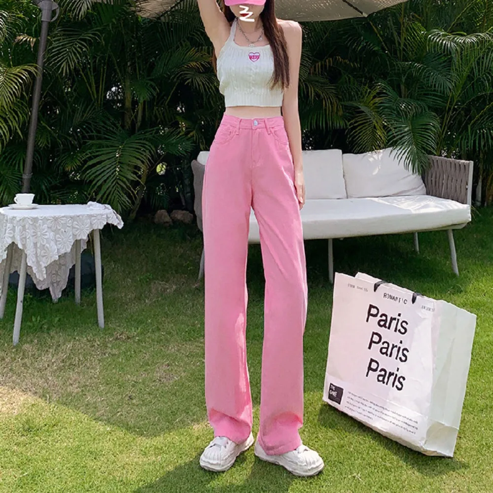 Pink Wide-leg Jeans for Women in The Summer Thin High-waisted Straight-leg Trousers Large Size Slimming Floor-length Trousers