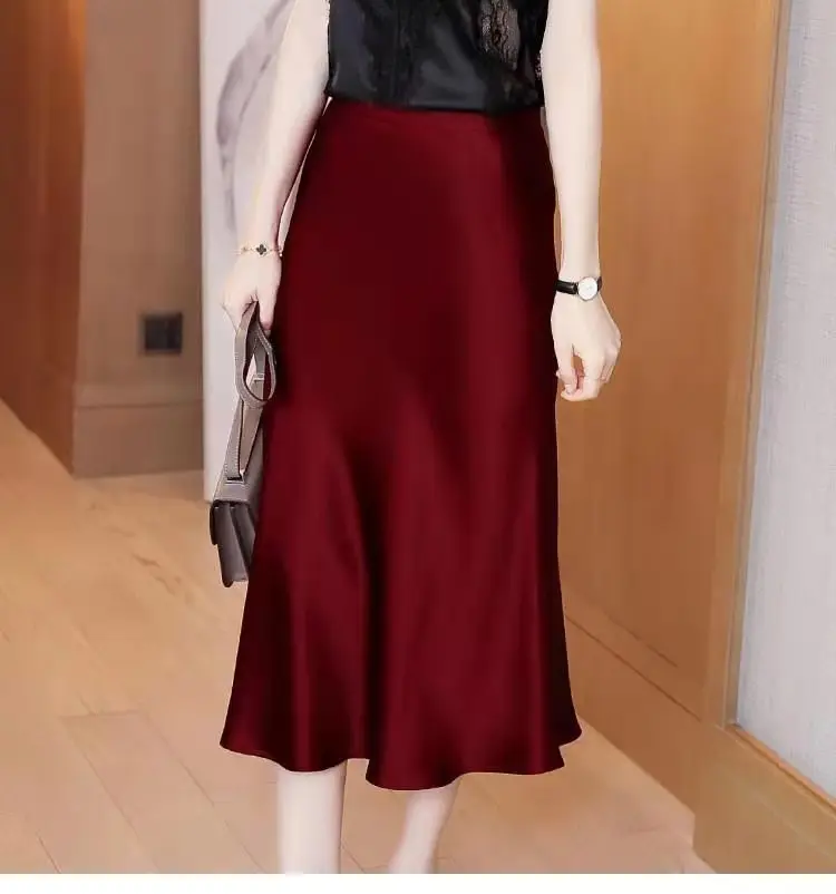 

Юбка миди из шелкового атласа с высокой талией, А-силуэт, фасон «рыбий хвост», для офиса, простая, элегантная, из ацетатного волокна, женская