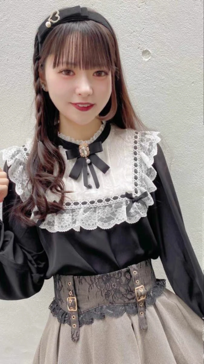 Dophee Japan Styles Lolita Shirt Landmine Series Maid Dress Patchwork Lace Beading Bow Navy Collar Long Sleeve Blouses Women Top