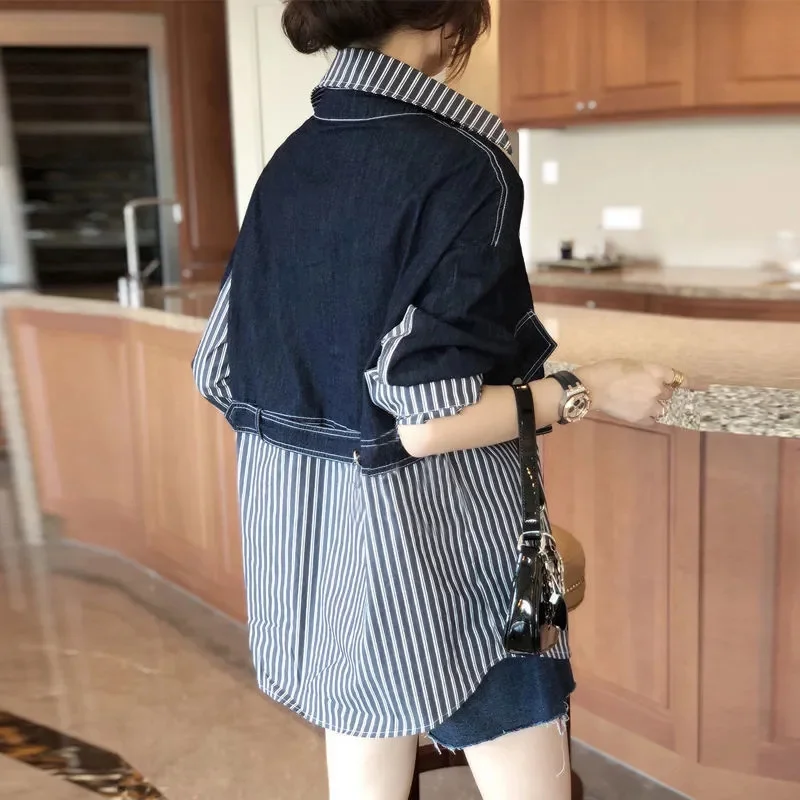 European Station 2023 Early Autumn New European Casual Stripe Denim Vest Shirt Women's Set Fake Two Piece Set Fashionable