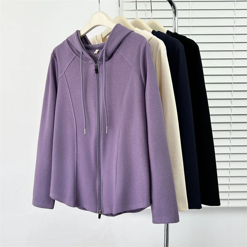 

Spring New Minimalist Slimming Three-dimensional Cut Loose Hooded Jacket Coats Zipper Long Sleeve Solid Casual Hoodie Top Women