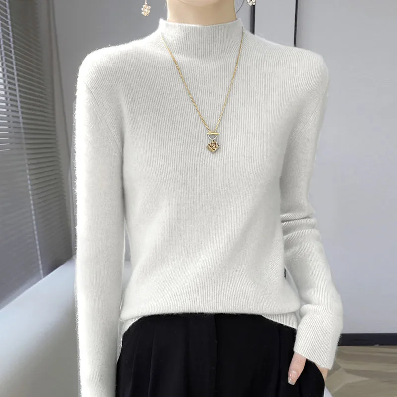 Suéteres negros con cuello simulado, suéter tejido para mujer, jerséis nuevos, prendas de punto ajustadas de manga larga, suéter de punto, jersey, Tops para mujer Q2224