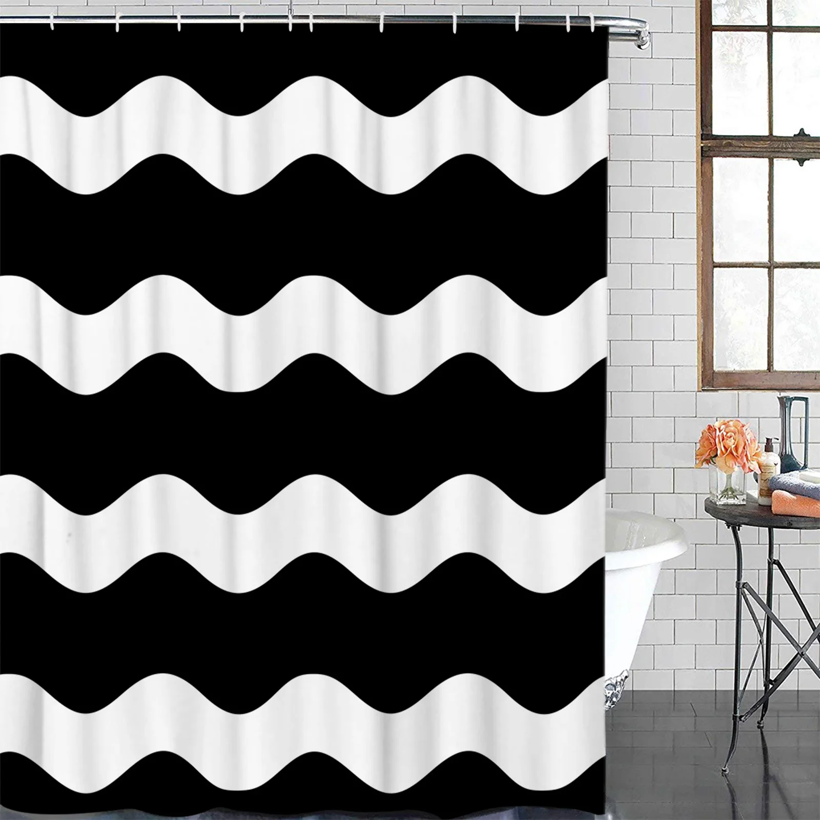 Black Ripple Stripes Waves Waterproof Bathroom Decoration Shower Curtain With Hook Printed Bathtub Curtains Bathroom Accessories