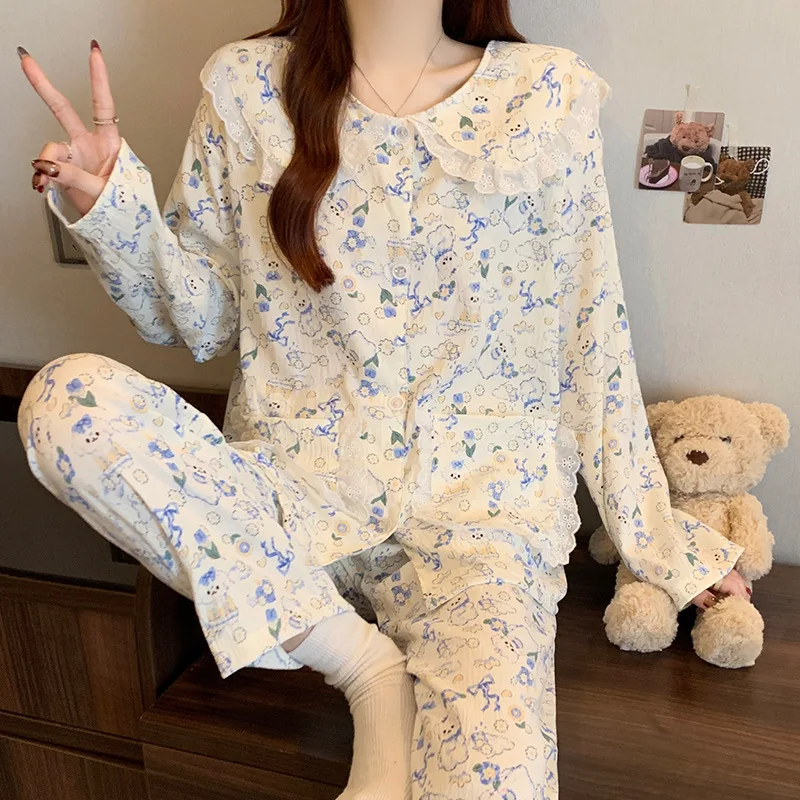 

Romantic Women Nightwear Sweet Style Doll Collar Bow Puppy Long Sleeve Pajamas Two-Piece Set Korean style Fall and winter