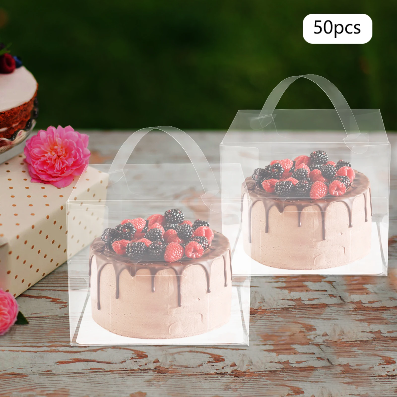 

50 Pcs Clear Cake Boxes 6x6x5 Inch Disposable PET Plastic Bakery Boxes with Handles for Cupcakes Desserts Cookies Party Package
