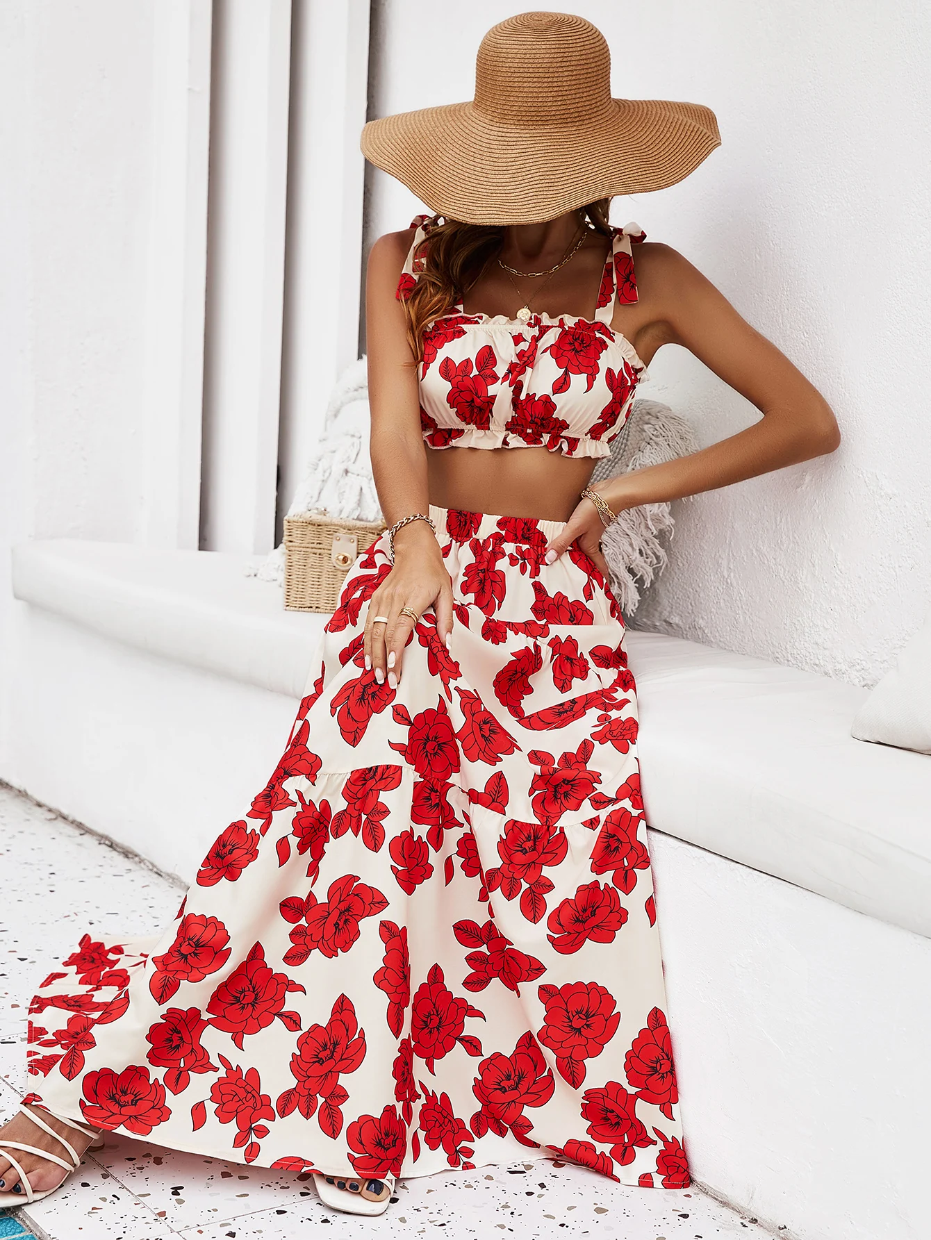 KEBY ZJ Bohemia Swimsuit Crop Tops Dress Sets for Women Summer Two Pieces Skirt Beach Vacation Floral Print Maxi Skirt Boho Set